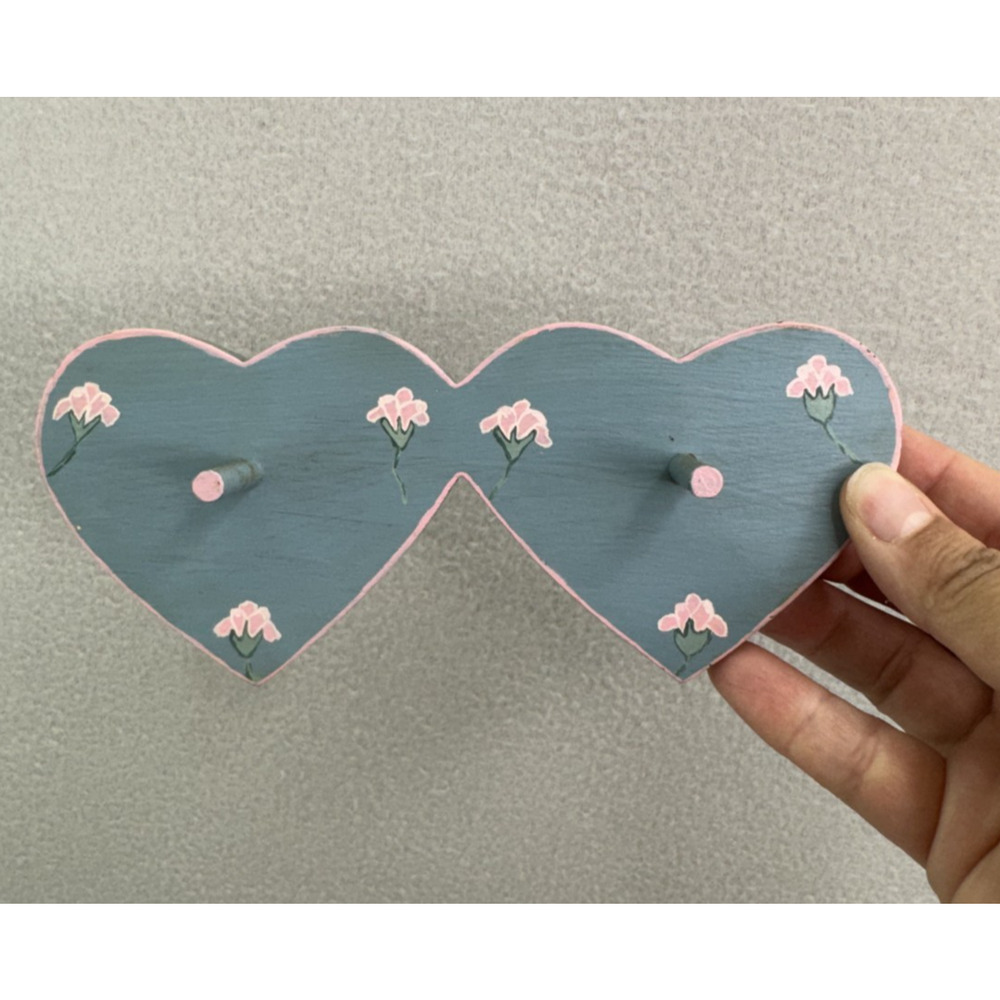 Handcrafted Wooden Heart Jewelry Key Holder Wall Hanger Blue Pink Decor Nursery
